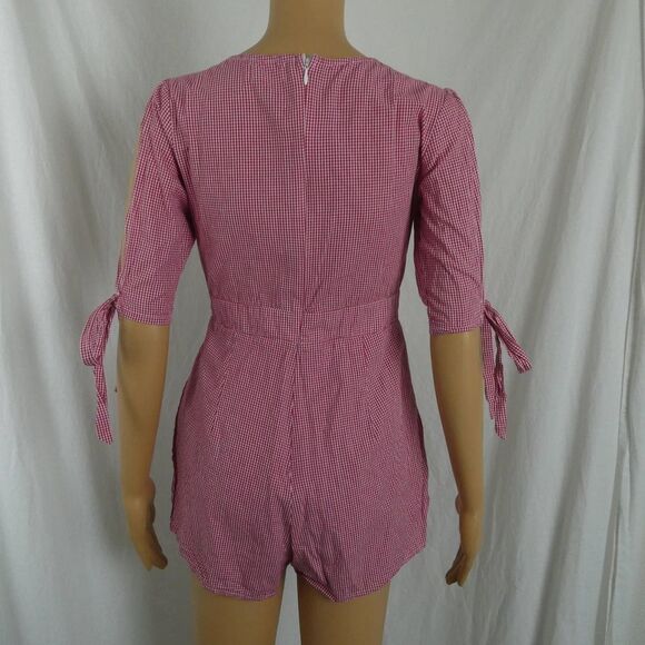 SEEK The Label Red White Checkered V Neck Crossover 1/2 Sleeve Romper Gingham Md - Picture 8 of 10
